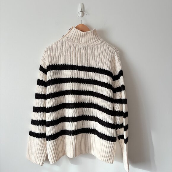 Zara Striped Knit Sweater Button Sleeve White Ecru Black Size Medium - Picture 6 of 8